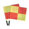 Two red and yellow flags with black handles for football linesmen